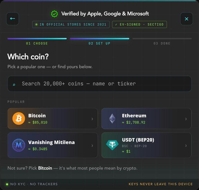 «Hansı coin?» ekranı: Bitcoin, Ethereum və USDT seçimi