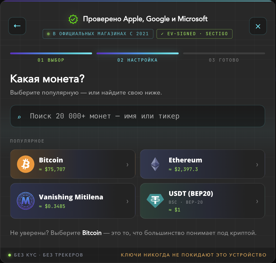 «Hansı coin?» ekranı: Bitcoin, Ethereum və USDT seçimi